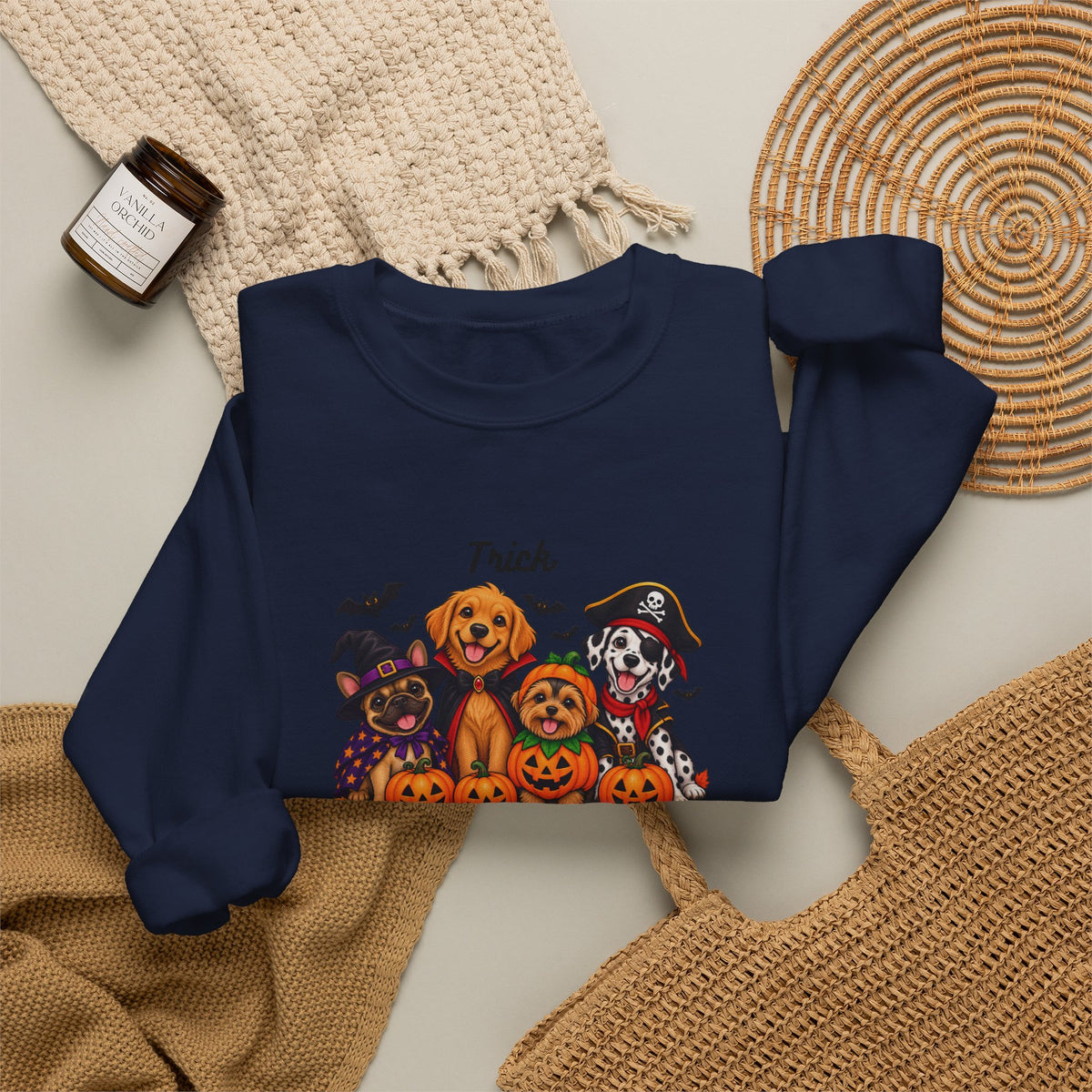 Halloween Puppies Crewneck Sweatshirt — "Trick or Treat" Pumpkin Dog Design