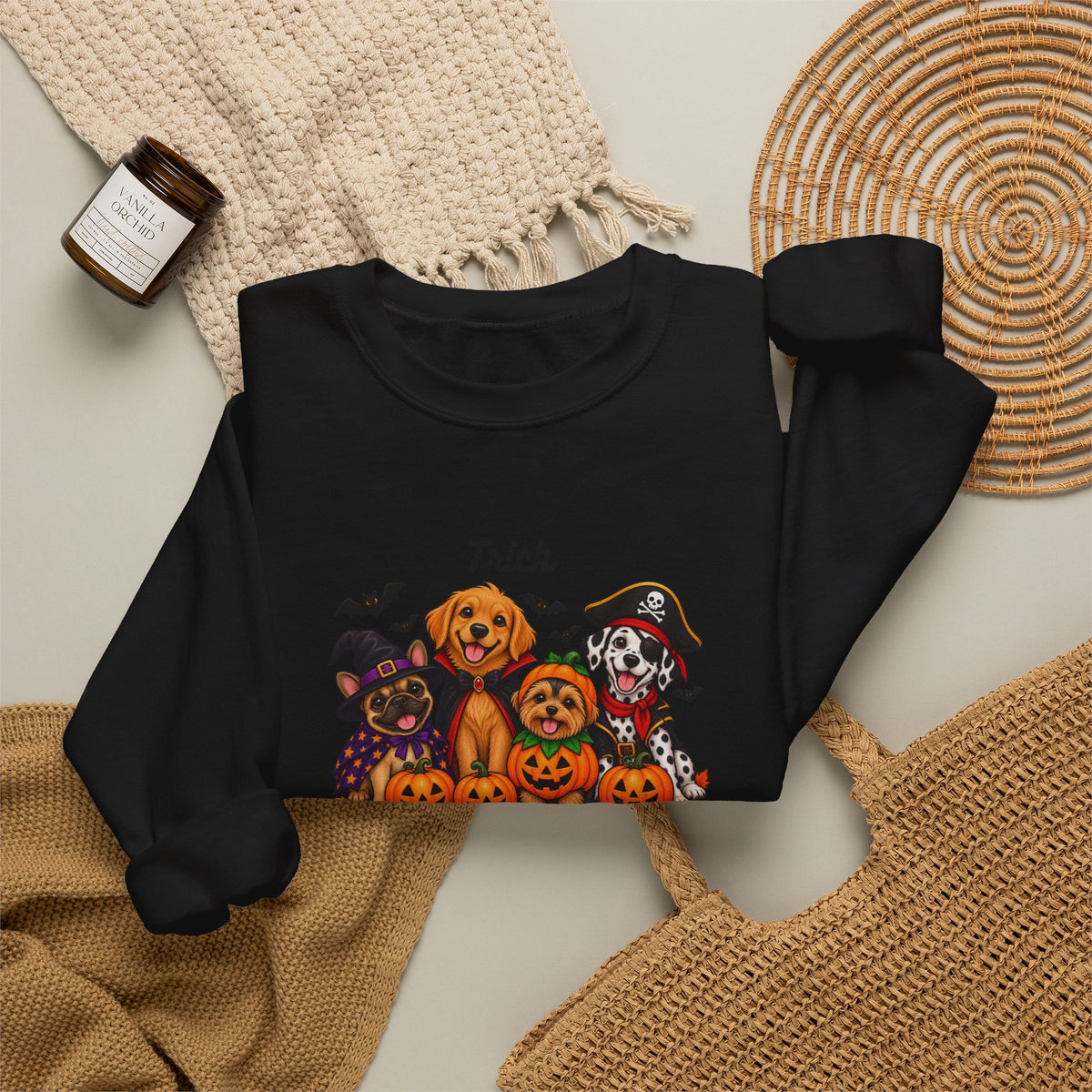 Halloween Puppies Crewneck Sweatshirt — "Trick or Treat" Pumpkin Dog Design