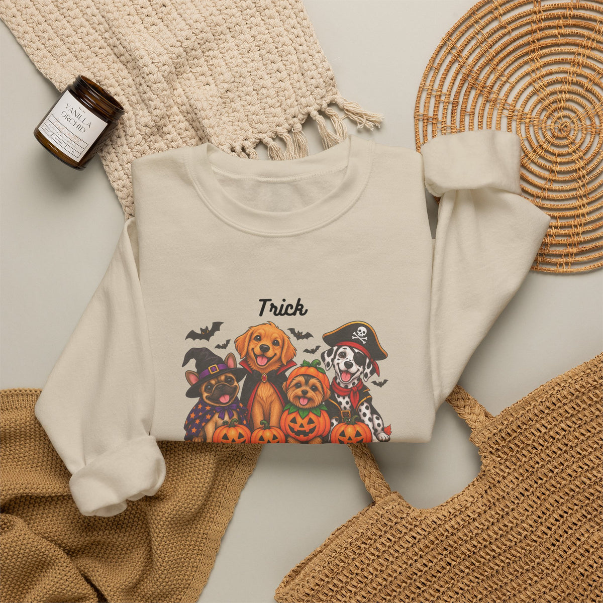 Halloween Puppies Crewneck Sweatshirt — "Trick or Treat" Pumpkin Dog Design