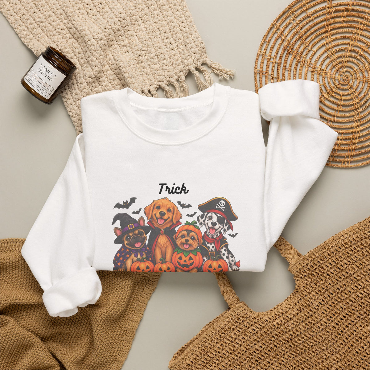 Halloween Puppies Crewneck Sweatshirt — "Trick or Treat" Pumpkin Dog Design