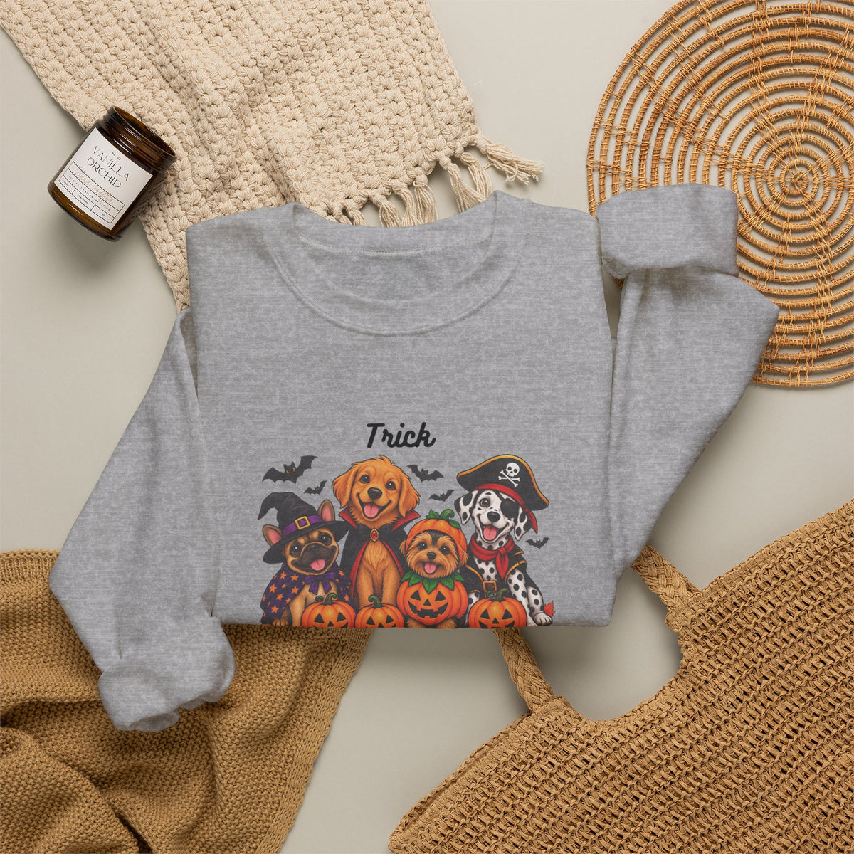 Halloween Puppies Crewneck Sweatshirt — "Trick or Treat" Pumpkin Dog Design