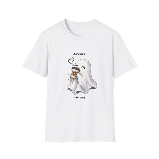 Spooky Season Ghost with Coffee T-Shirt | Halloween Ghost Latte Tee