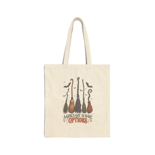 Halloween Witch Brooms Tote – "A Girl's Got to Have Options" Cotton Canvas Bag