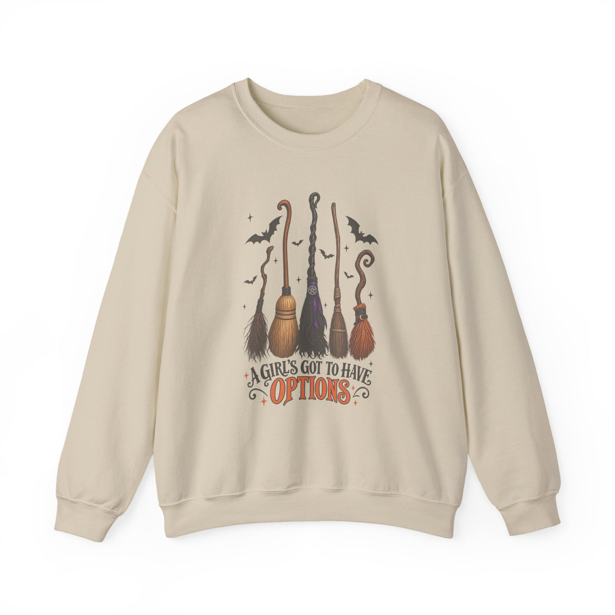 Witch Brooms Sweatshirt - "A Girl's Got to Have Options" Halloween Crewneck